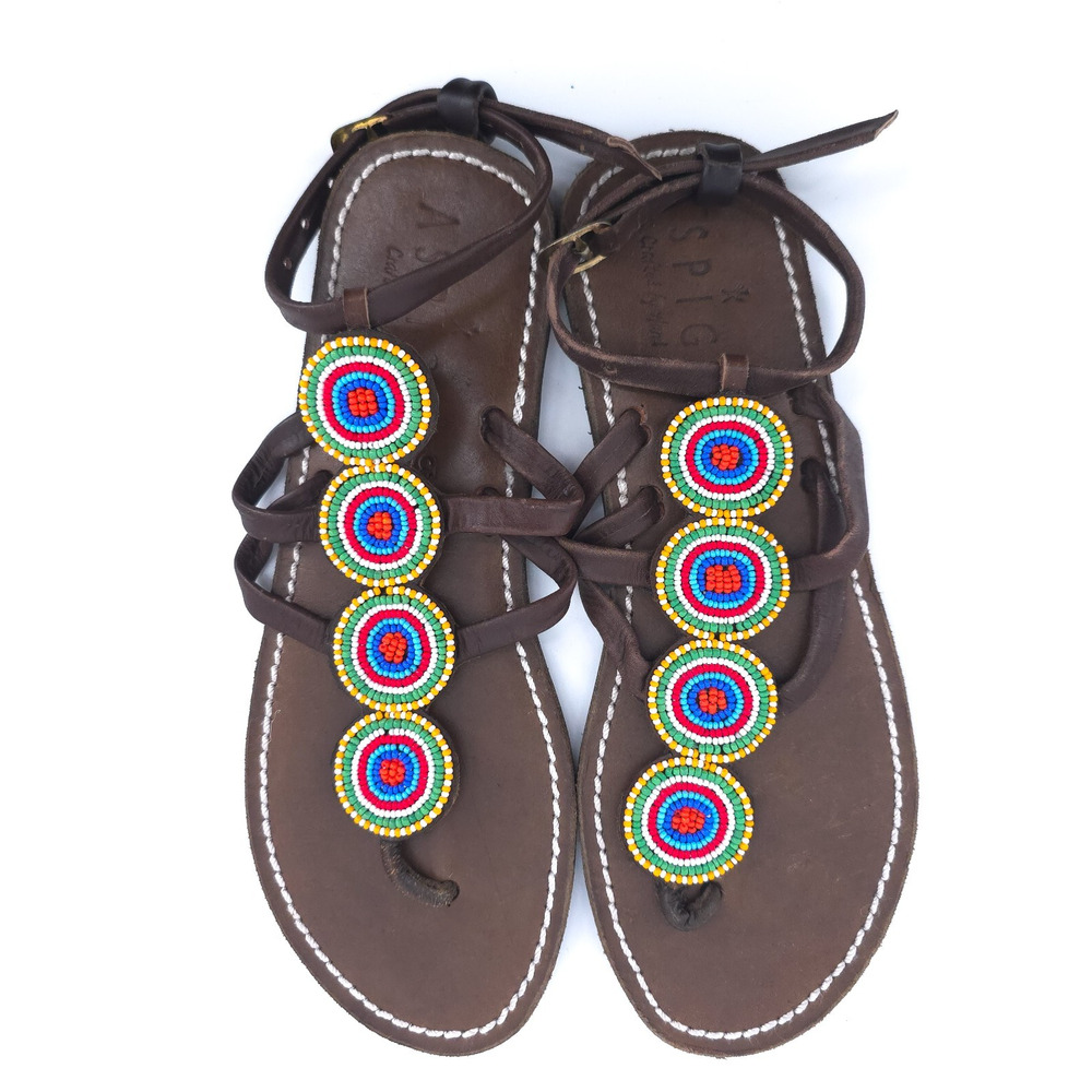Aspiga Boho Art Luxe Gladiator Handcraft Glass Bead Medallion Leather Sandal 37
